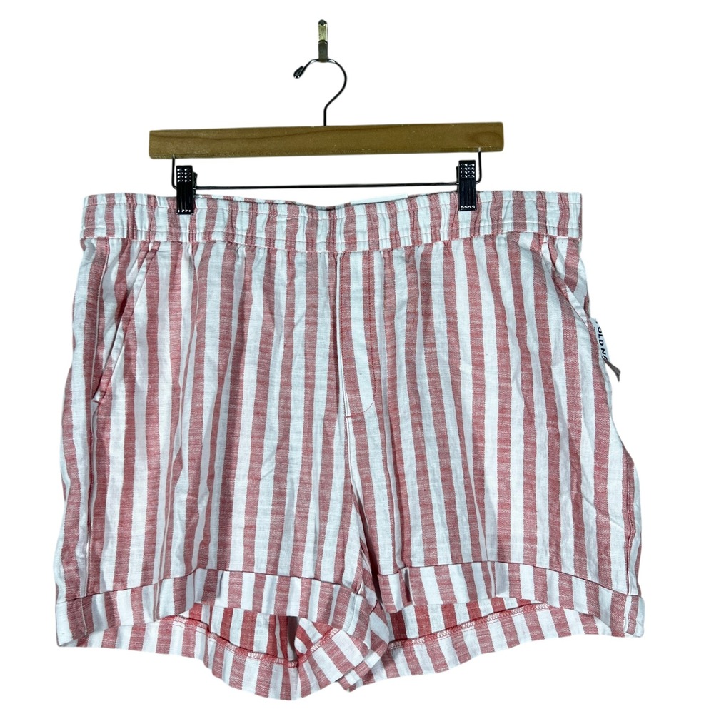NWOT Old Navy High-Rise Striped Linen Cotton Shorts Red White Coastal Size XL